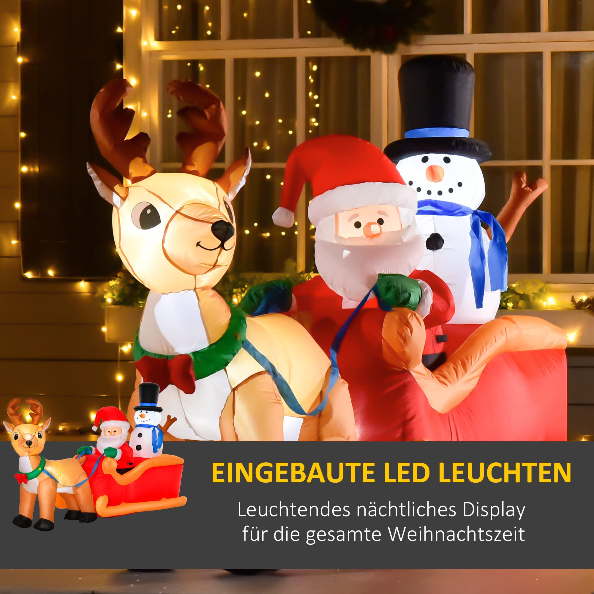 HOMCOM Aufblasbarer Weihnachtsmann auf Schlitten mit Schneemann 1,28 m | Weihnachtsdekoration, Integrierte LED-Lichter, Befestigungsmaterial, Weihnachtsdeko, Weihnachten Garten Rasen Außenbereich