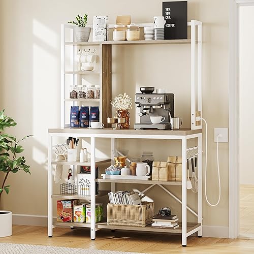 Miniatura 3 de YITAHOME Soporte para microondas con toma de corriente, barra de café, cocina, estante de almacenamiento independiente para despensa,