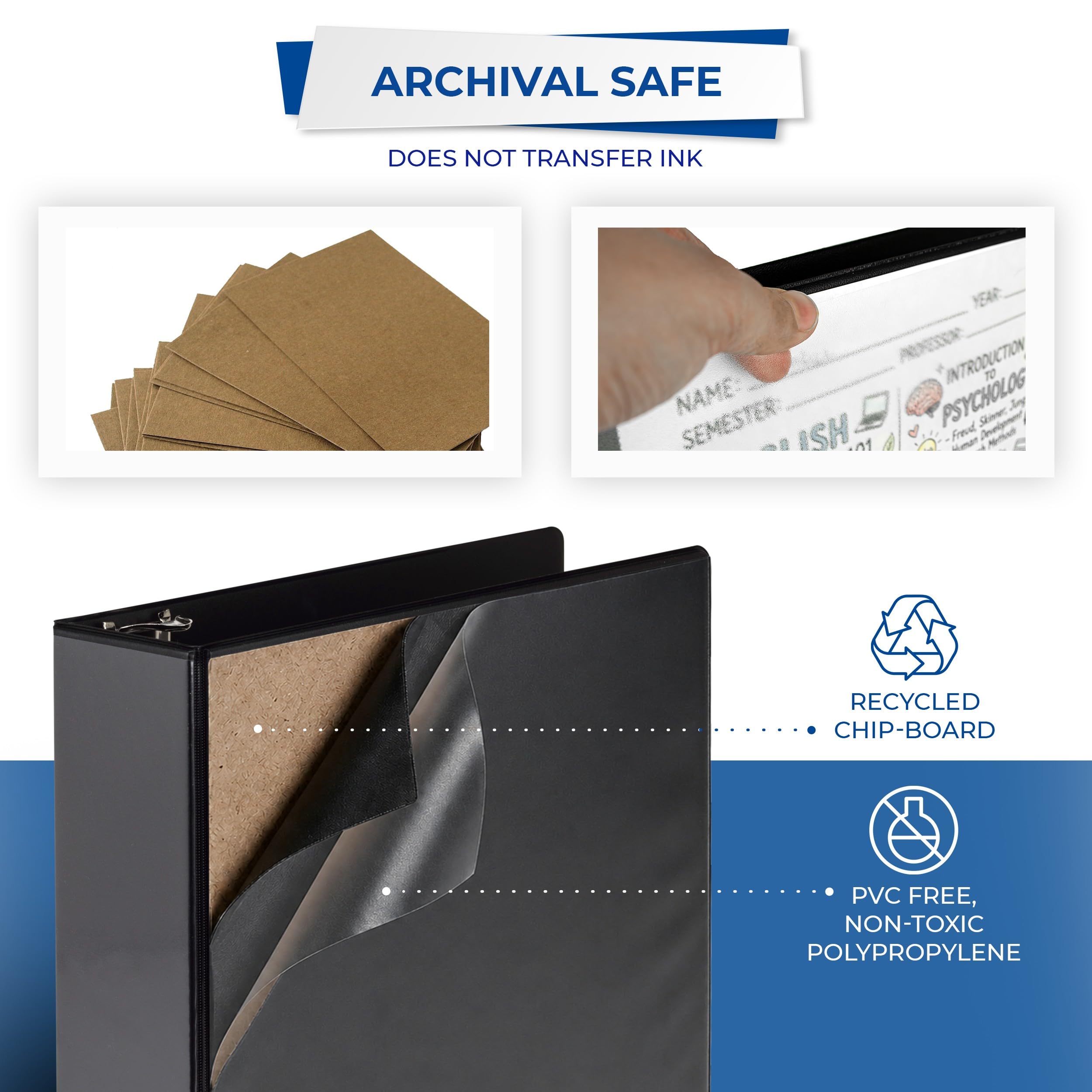 Samsill Classeurs à 3 anneaux de 7,62 cm, fabriqués aux États-Unis, anneaux ronds économiques, couverture transparente, peuvent contenir 550 feuilles, pour l'école, la maison, le bureau – Noir, lot de