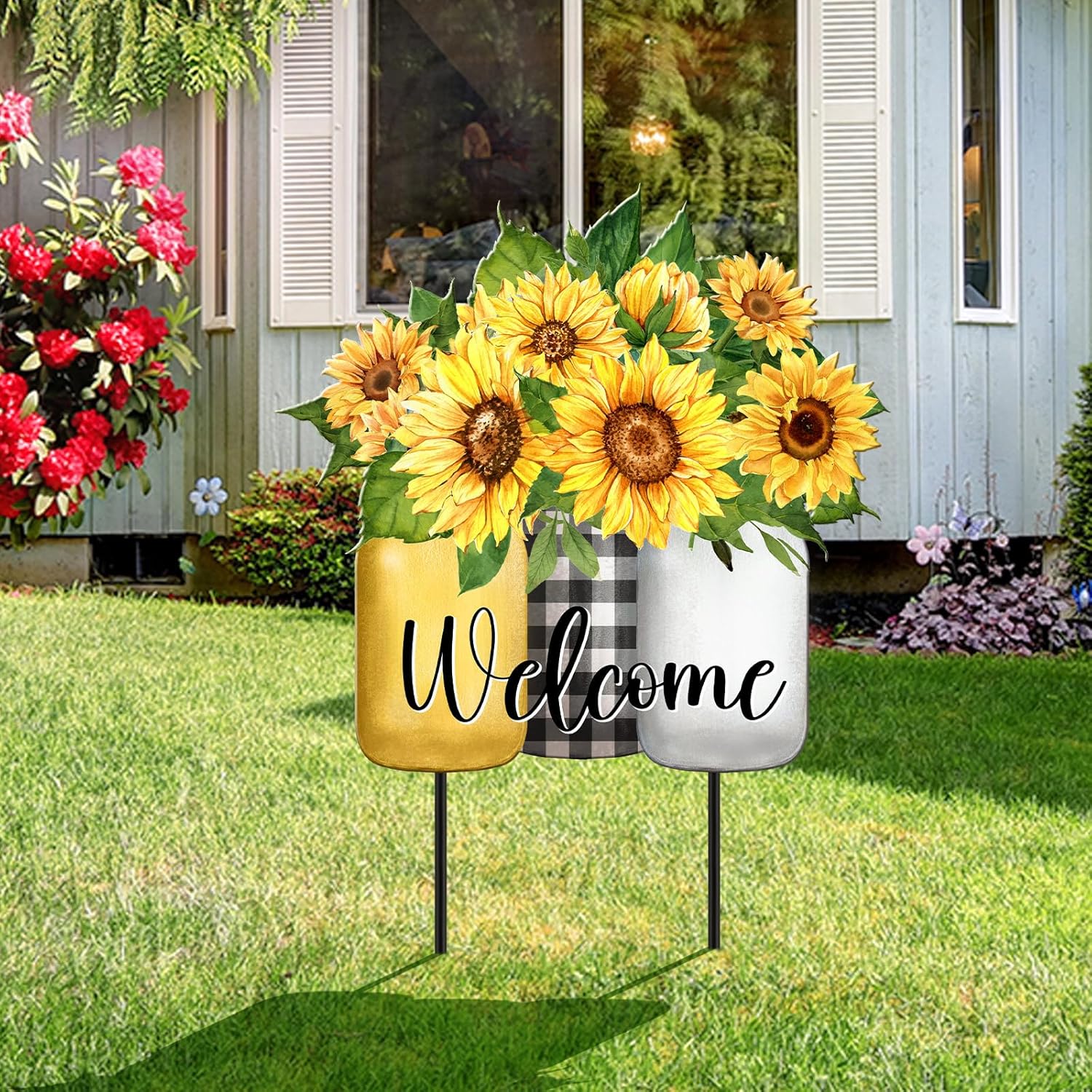 MorningRo Sunflower Outdoor Decor 26" Metal Summer Welcome Yard Sign Outdoor Garden Yard Stakes for Outside Garden Lawn Patio Backyard Porch Decorations