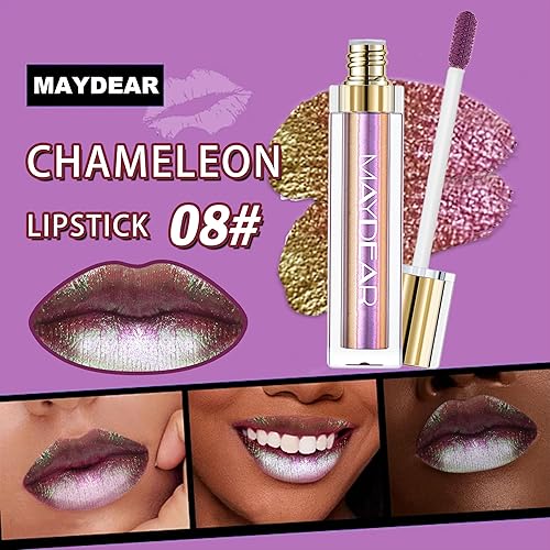 Miniatura 4 de Maydear Lápiz labial Chameleon, cromo de alta pigmentación para mujer, brillo de labios metálico, cobertura completa, multicromo de larga duración,
