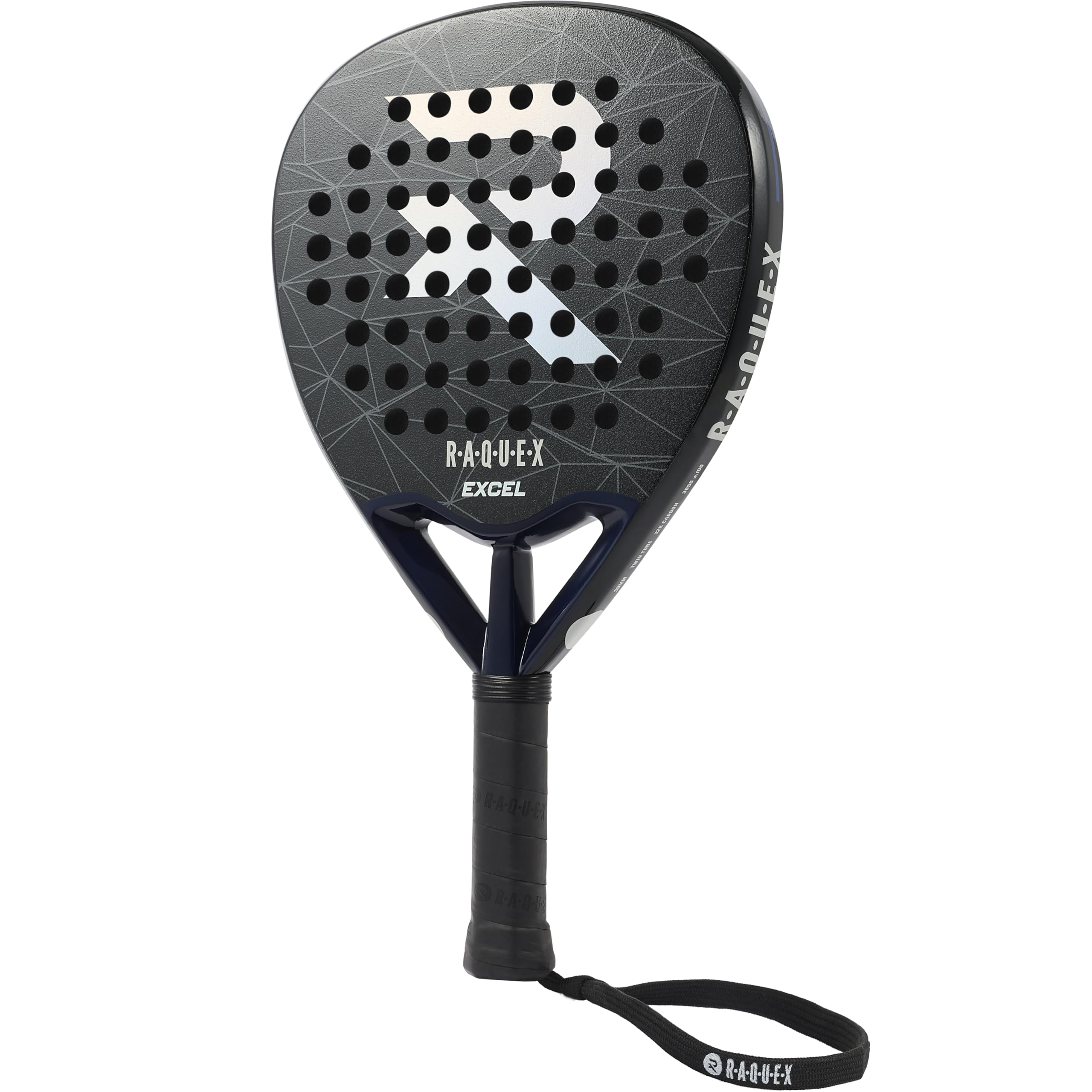 Raquex Excel Padelschläger – für fortgeschrittene Anfänger/Fortgeschrittene – 12K-Carbonrahmen, reaktiver ImpactCore Eva 15-Schaumstoff, Doppelrohr-System für Langlebigkeit – mit Handgelenkschlaufe