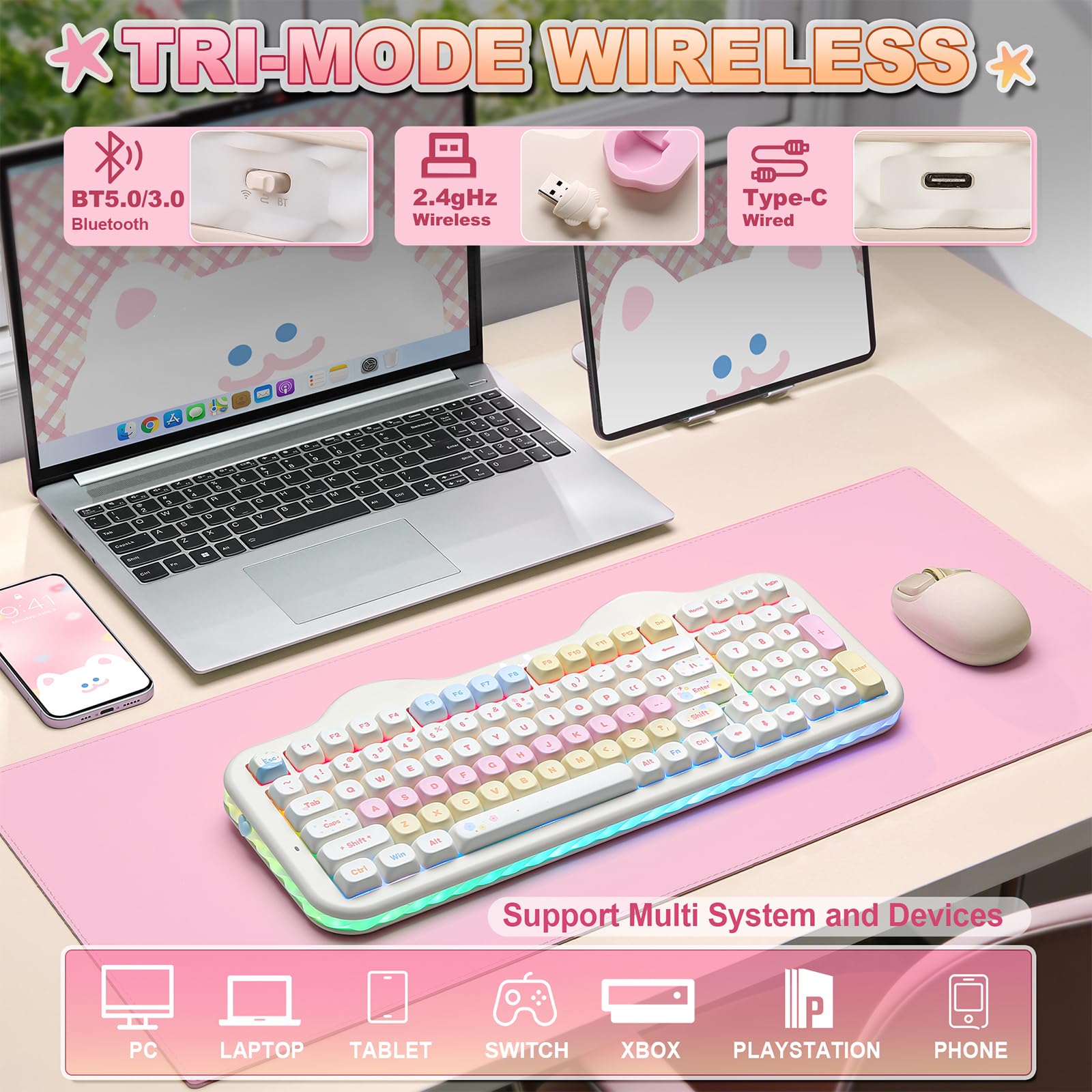 YUNZII C98 Wireless Mechanical Keyboard with Number Pad,99 Key BT5.0/2.4G/USB-C Hot Swap Gasket Mount with PBT MOA Keycaps,Custom RGB,Cute Cake Keyboard for Win/Mac (Beige, Milk V2 Linear Switch) - 4
