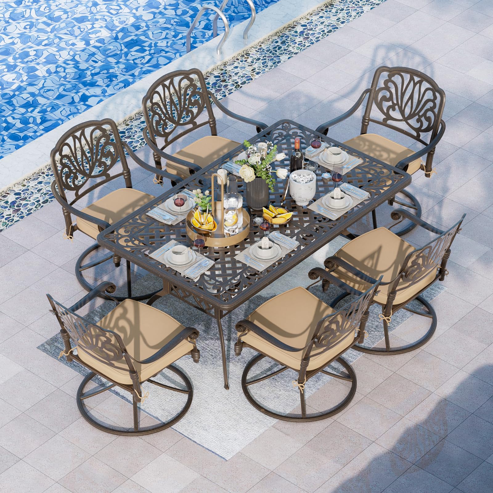 Grepatio 7 Piece Patio Dining Set Outdoor Dining Set Cast Aluminum Furniture Set with 6 Dining Swivel Chairs with 6 Cushions and Dining Table for