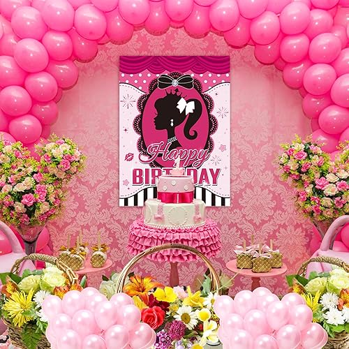 Miniatura 2 de Tatuo Decoración de fiesta de cumpleaños rosa para niñas, pin el lazo en la cabeza de princesa, póster rosa con 32 calcomanías de lazo para fiesta