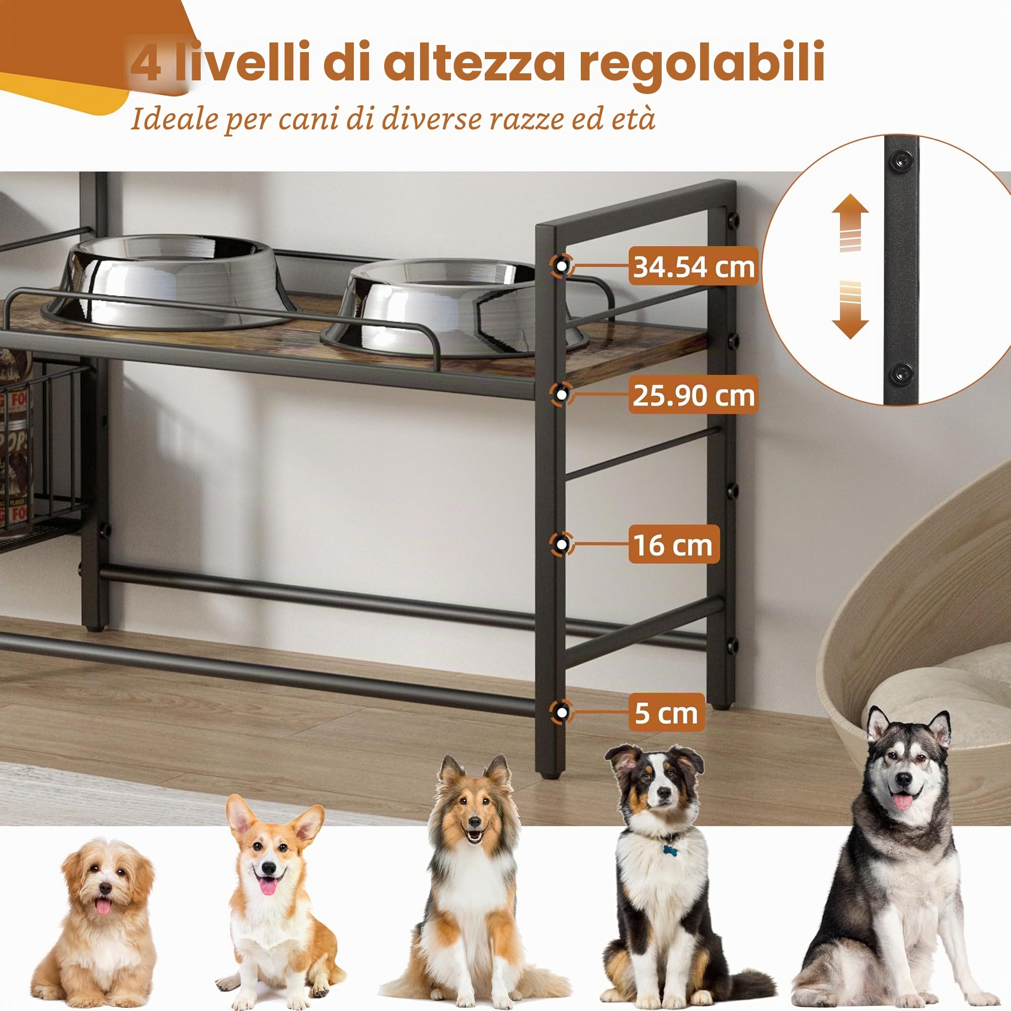 Bikoney Supporto Rialzato per Ciotole Cani con Cestino, Solo Supporto | Altezza Regolabile per Postura Corretta, Cestino Salvaspazio, per Cani Medi e Grandi, Struttura Stabile