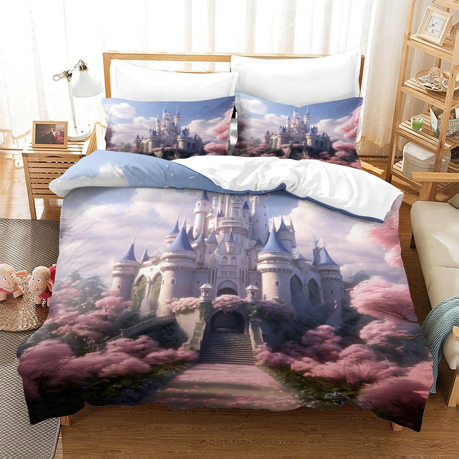 Fantasia del castello Impressione 3D 3 pz fodera per edredone Architettura reale fantasy coperteletto microfibra ipoallergenica zip per bambini ragazzi adulti King（220x240cm）