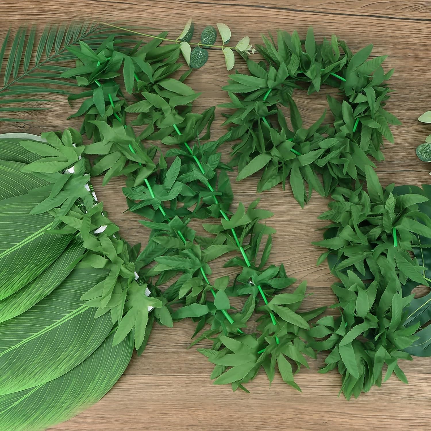 (Green) Leaf Skirt Hawaiian Hula Grass Skirt with Flower Leis for Women,Girls,Men,Luau Party Dress Outfits - Image 3