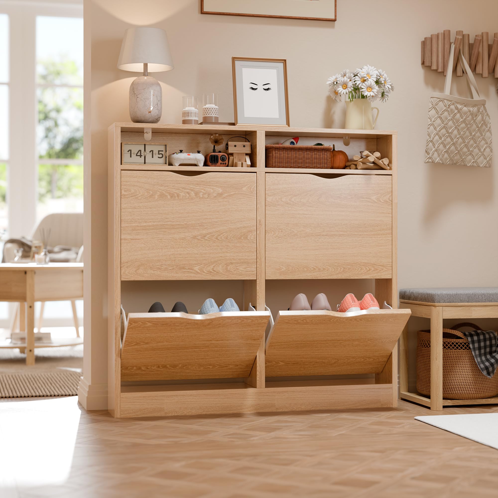 ELUCHANG Schuhschrank schmal mit 4 Klappen Platzsparender, Schuhkipper Schuhkommode, Geschlossen Schuhregal mit 4 Ablagen, Shoe Cabinet Flurschrank für Diele/Flur/Garderobe