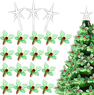 Remagr 125 Pieces Ceramic Christmas Tree Replacement Lights Red Holly Bulbs and Star Topper Twist Ornaments for Ceramic Christmas Tree Decorations