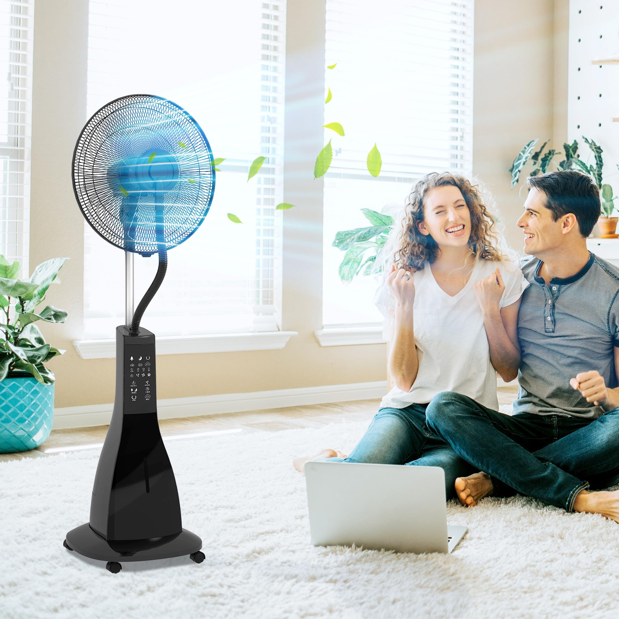 HOMCOM Ventilateur brumisateur sur roulettes ventilateur sur pied 90 W télécommande affichage LED télécommande minuterie 3 modes 3 vitesses oscillant, inclinable réservoir 3L - noir