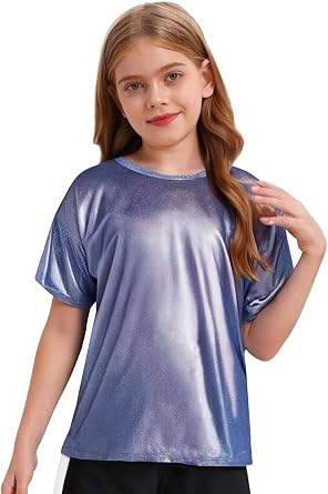 Kids Girls Boys Sparkly Metallic Hip Hop Jazz Dance T-Shirt Casual Short Sleeves Tops for Disco Club Themed Show