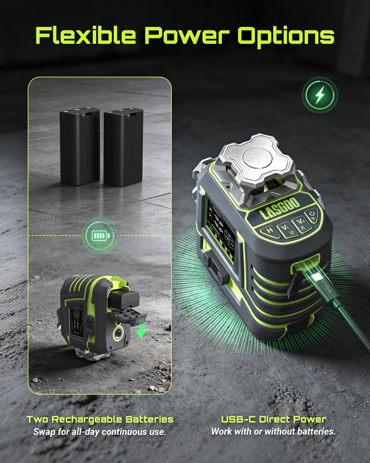 LASGOO 3D-Ultra 12 Linien Selbstnivellierender Kreuzlinienlaser 3x360° mit LCD-Display, Fernbedienung, 2 Akkus & Magnetständer, für Bau und Bildaufhängung