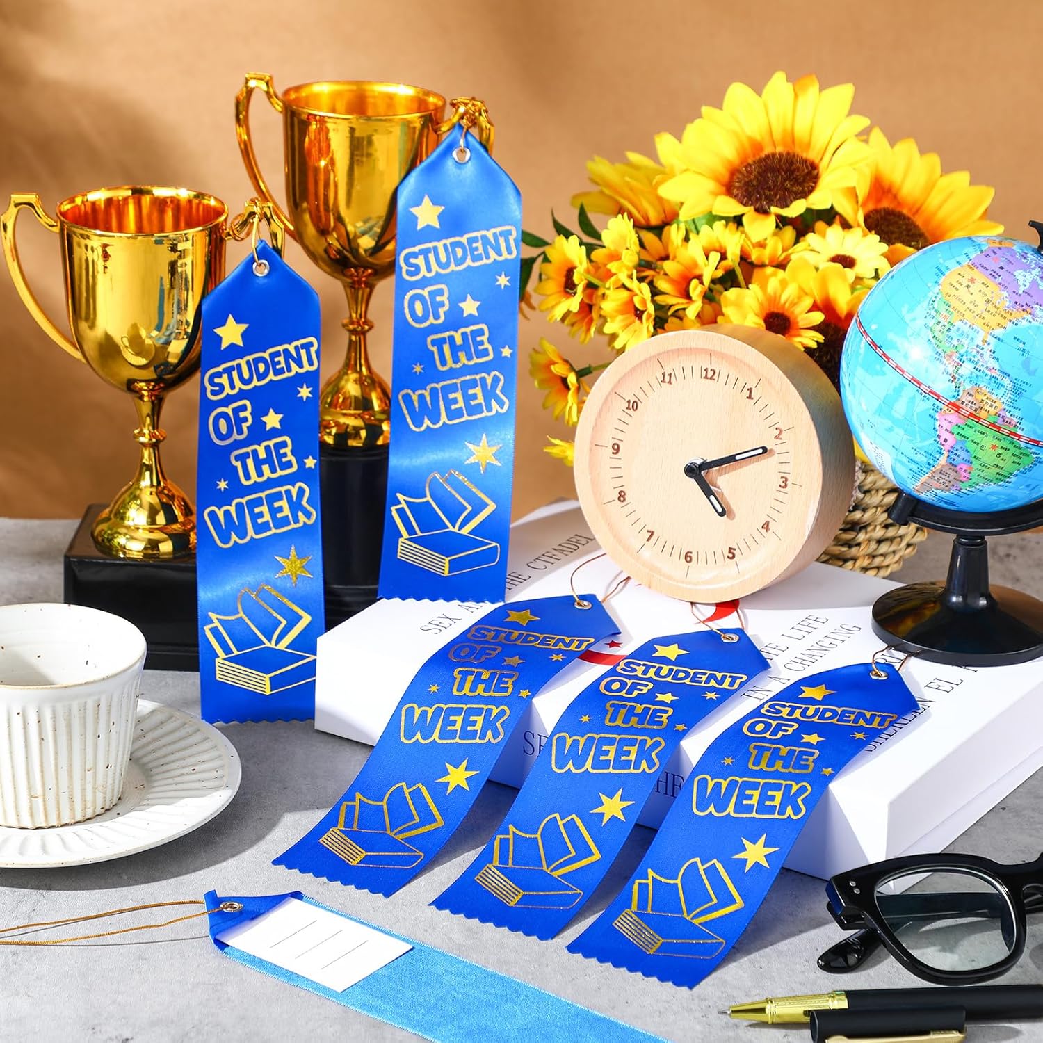 Wavwavw 100 Pcs Student of The Week Award Ribbons Bulk 8" x 2" Prizes Ribbons with Event Card and String Award Prize Gift for Tournaments, Competitions, Party, Classroom Home Study Supplies