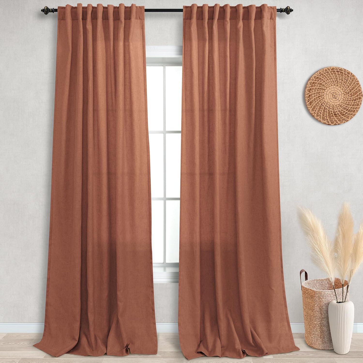 KOUFALL 9FT Curtains for Living Room,Linen Boho Drapes Sheer Colorful Hippie Curtains for Bedroom 2 Panels,108 Inches Long,9 FT Length,Terracotta Rust