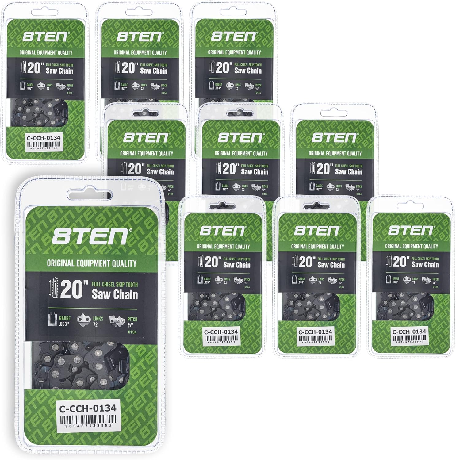 8TEN Full Chisel Skip Tooth Chainsaw Chain 20 Inch .063 3/8 72 DL For Stihl MS 270 Husqvarna 465 Rancher (2 Pack)