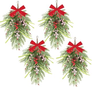 4 Pcs 24" Christmas Swag Wreaths for Front Door Artificial Christmas Greenery Cedar Teardrop Swags Winter Wreath with Red Berry Norfolk Pine for Kitchen Cabinet Farmhouse Home Festival Decoration
