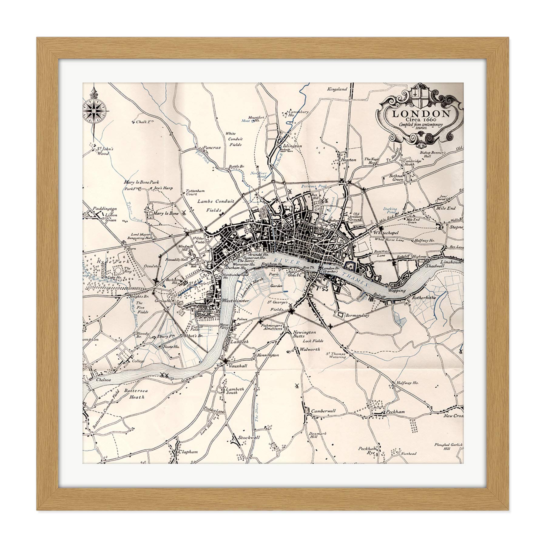 Artery8 Map Crown 1930 London City England 1660 Plan Chart Square Wooden Framed Wall Art Print Picture 16X16 Inch