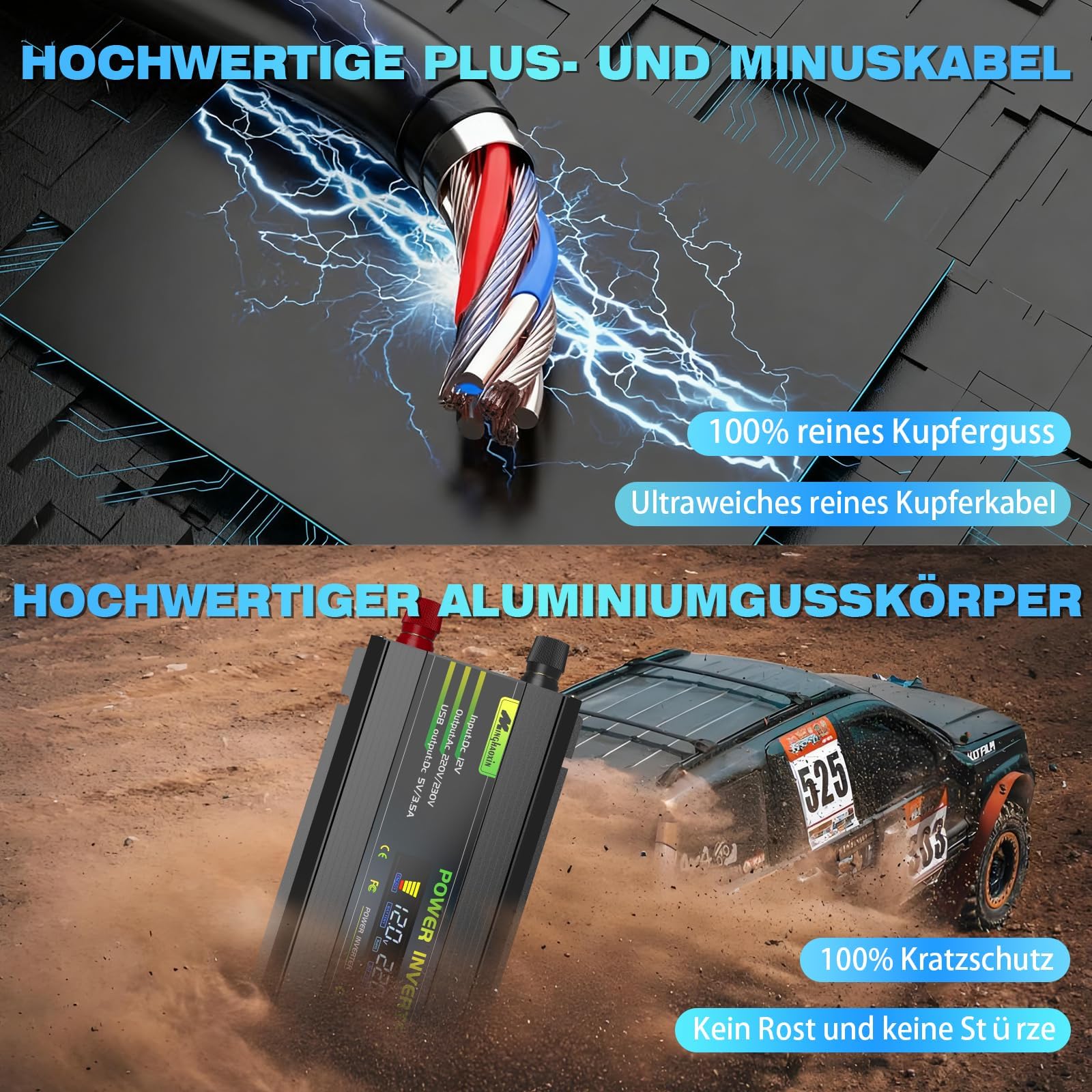 700W/1400W Wechselrichter 12V auf 230V Spannungswandler mit EU-Steckdose, USB, KFZ für Haushaltsgeräten Wohnmobile, LKW, Boote, Camping
