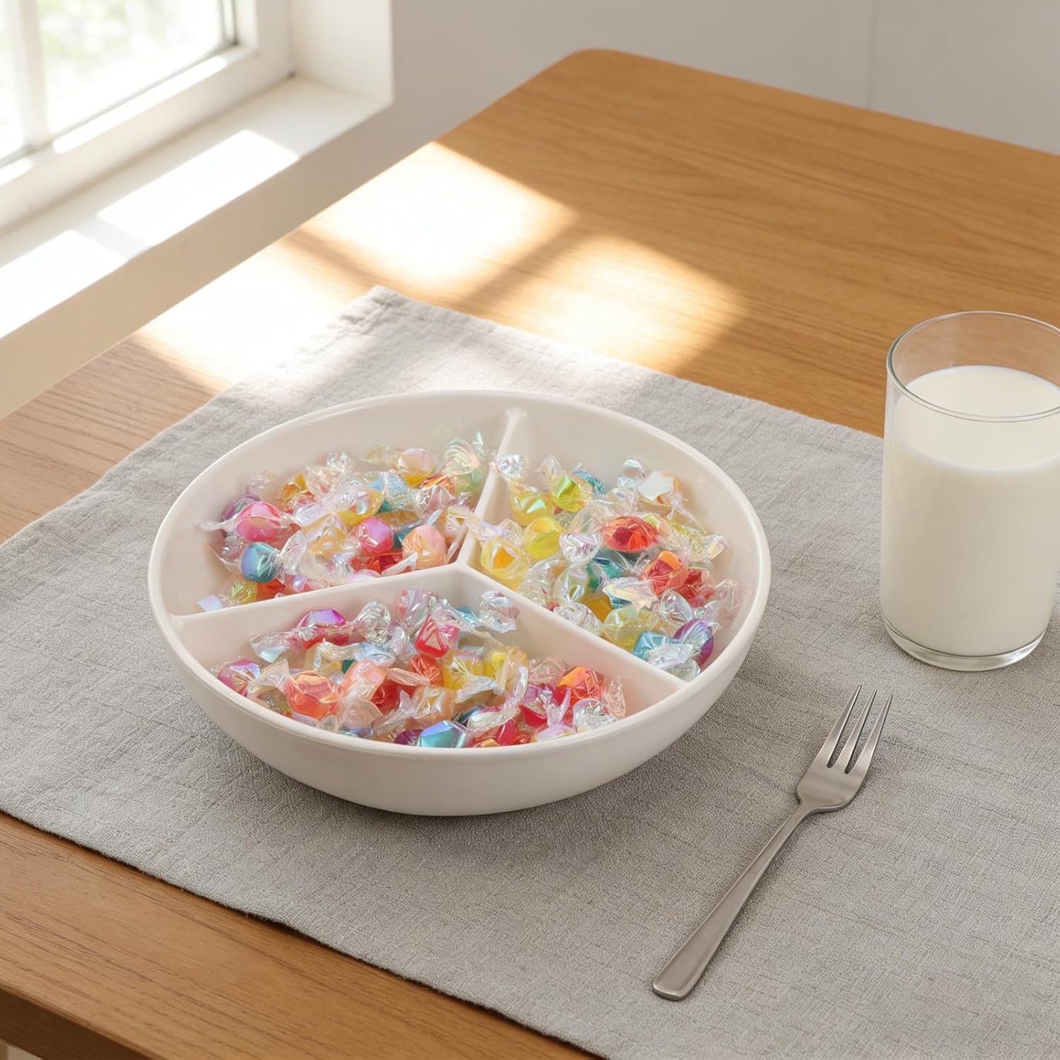 VOSAREA Ceramic Cereal Bowl With Divider, Microwave Safe Porcelain Breakfast Plate, 3 Section Serving Tray For Snacks, Dipping Sauces, Appetizers, Yogurt, Party Entertaining
