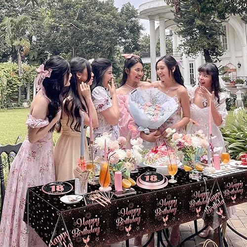 Miniatura 4 de Decoraciones de cumpleaños número 18 en negro y oro rosa para niños y niñas - 81 piezas de platos, servilletas, mantel de 18, tenedores para