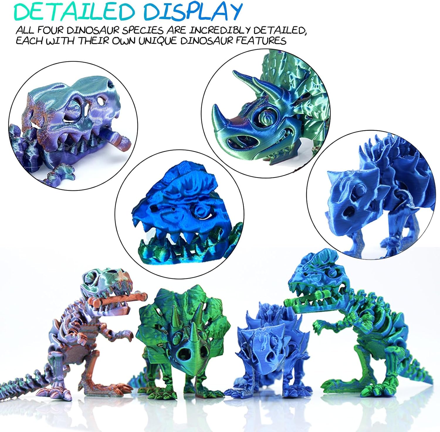 4Pcs 3D Printed Dinosaur Skeleton, Articulated Tyrannosaurus Rex with Bones, 3D Printed Triceratops, Ankylosaur, 3D Printed Animals, Dinosaur Themed Party Decor, Stress Relief - Image 2