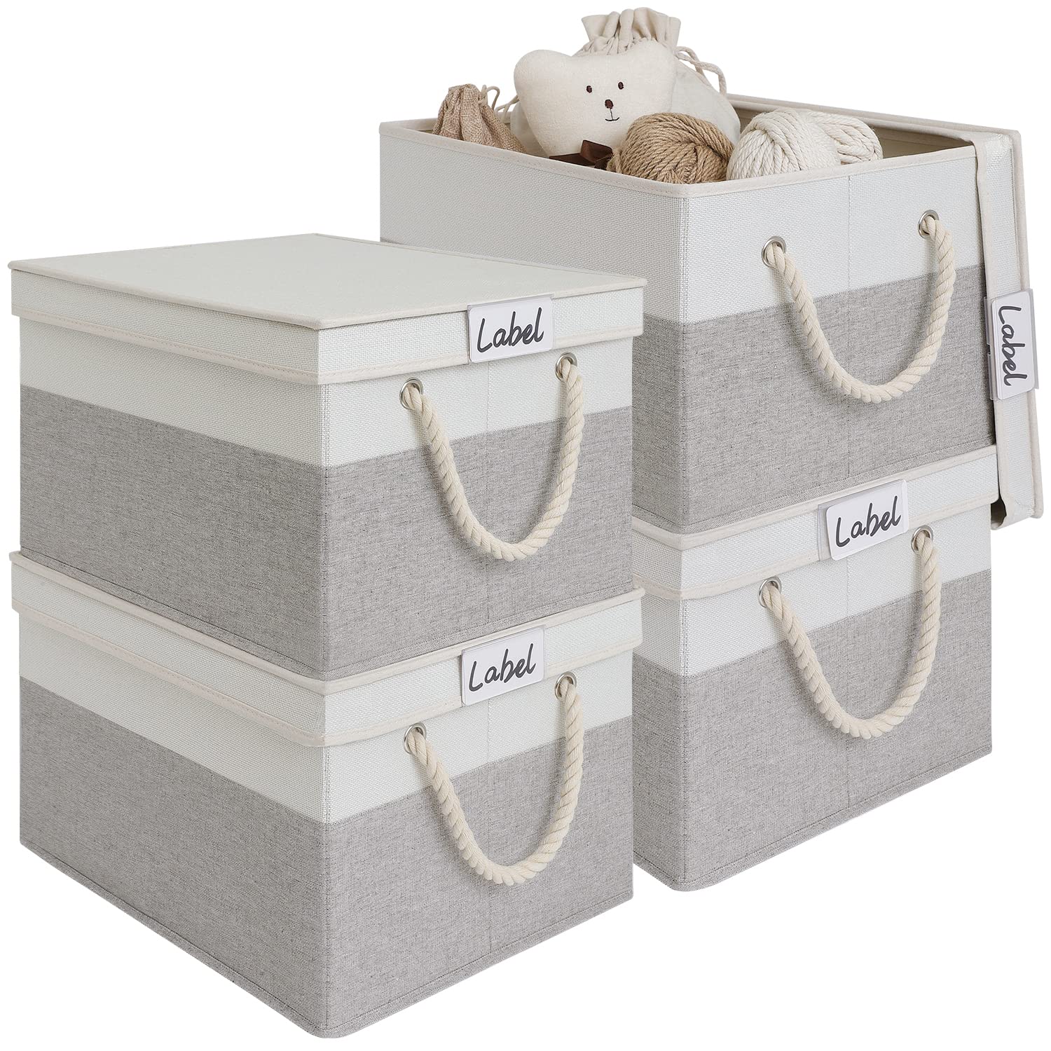 LoforHoney Home Fabric Storage Bins with Lids for Organizing, Foldable Storage Boxes with Lids for Shelves, Clothes Baskets with Cotton Rope Handles, Closet Storage Bins, XLarge, Beige & Gray, 4-Pack
