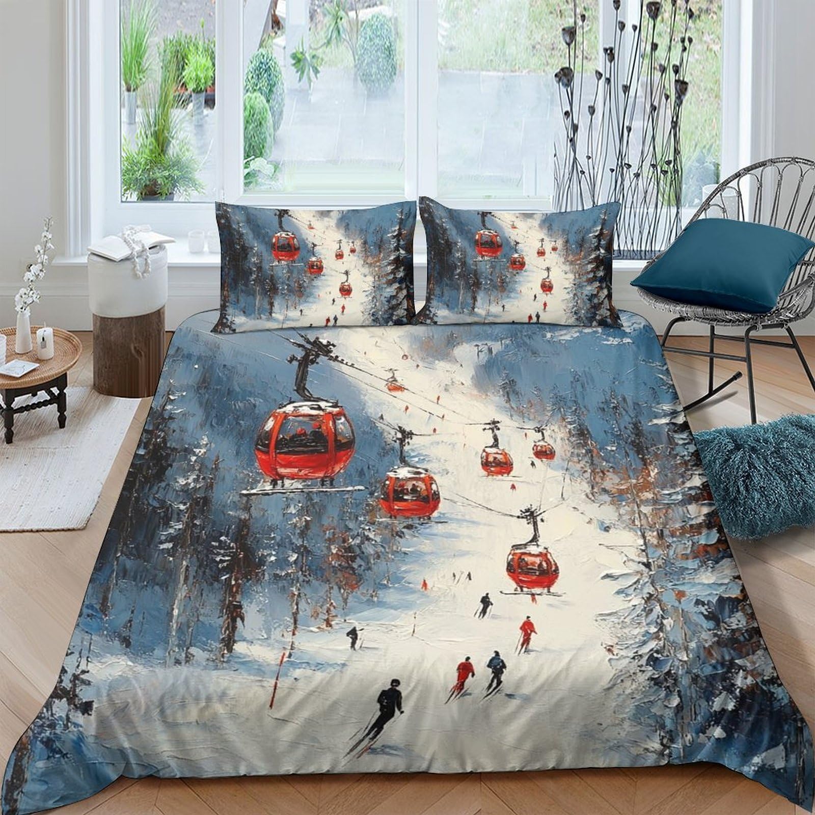 Ctjqhvkz Style-7 3D Printed Ski Resort Fitted Sheet Microfiber Soft Winter Cable Car Mattress Cover For Bedroom Guest Room Decor Single（135X200cm）
