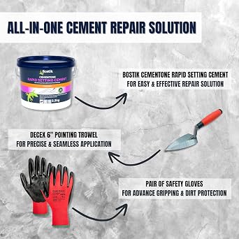 Cement Ready Mixed Bundle with 2.5kg Bostik Cementone Rapid Setting Cement Mix, 6 Pointing Trowel, Safety Gloves | Quick Drying | Ready Mix Concrete Filler for Indoor & Outdoor Mortar Repair