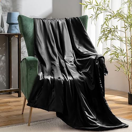 Miniatura 5 de Vonty Manta de satén negro de 50 x 60 pulgadas (con flores pequeñas), manta refrescante y sedosa, manta de punto trenzado sin arrugas para sofá,