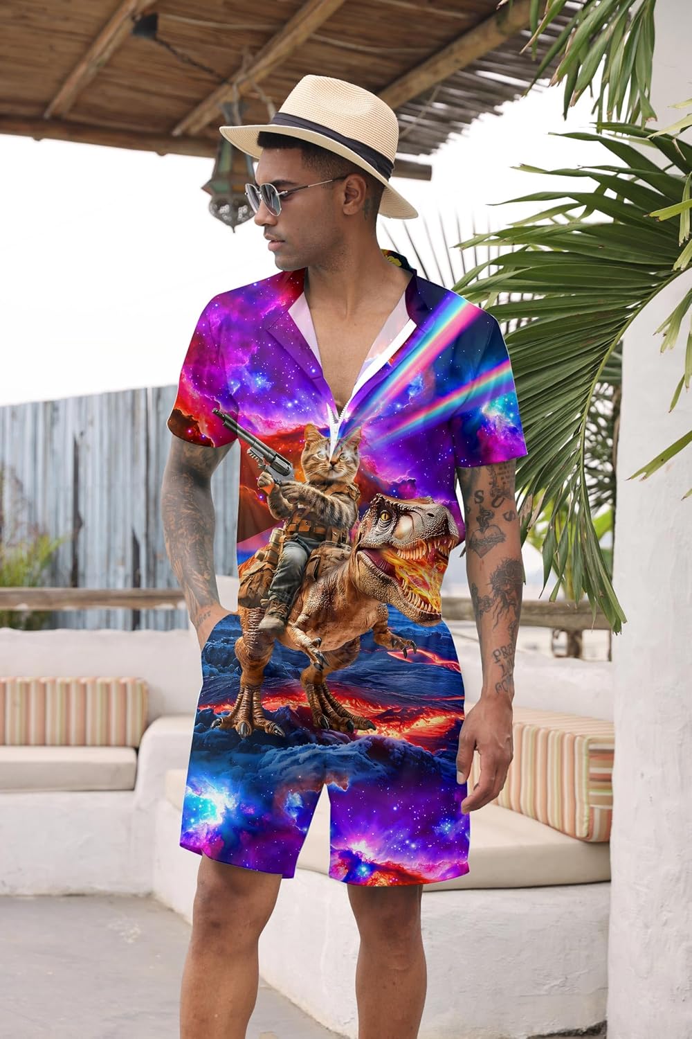Goodstoworld Male Hawaiian Romper Fashion Zipper Slim Fit Jumpsuit with Pocket S-XXL