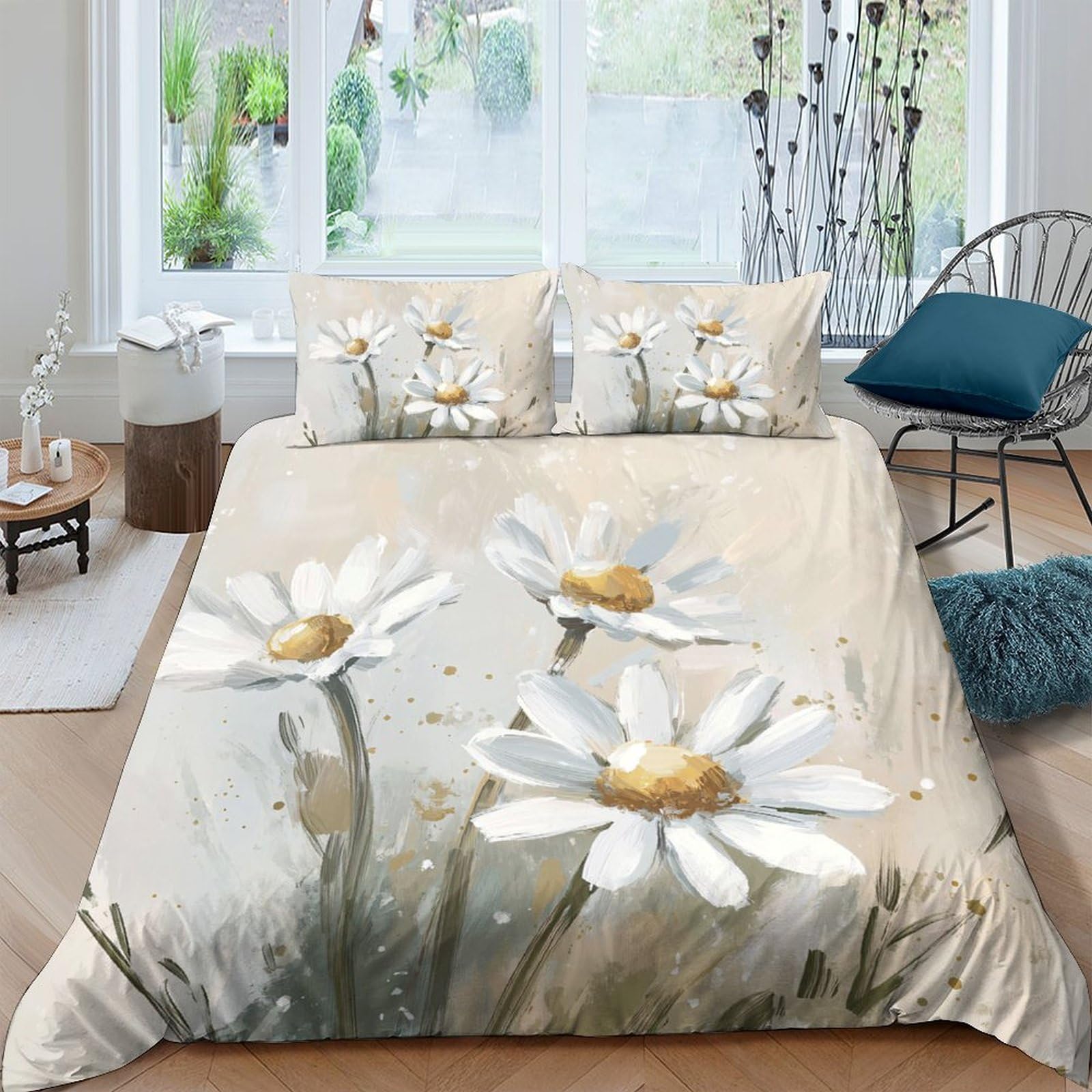 Ctjqhvkz Style-4 3D Printed White Daisy Fitted Sheet Microfiber Non Slip Floral Bed Sheet For Bedroom Guest Room Decor Machine Washable Single（135X200cm）