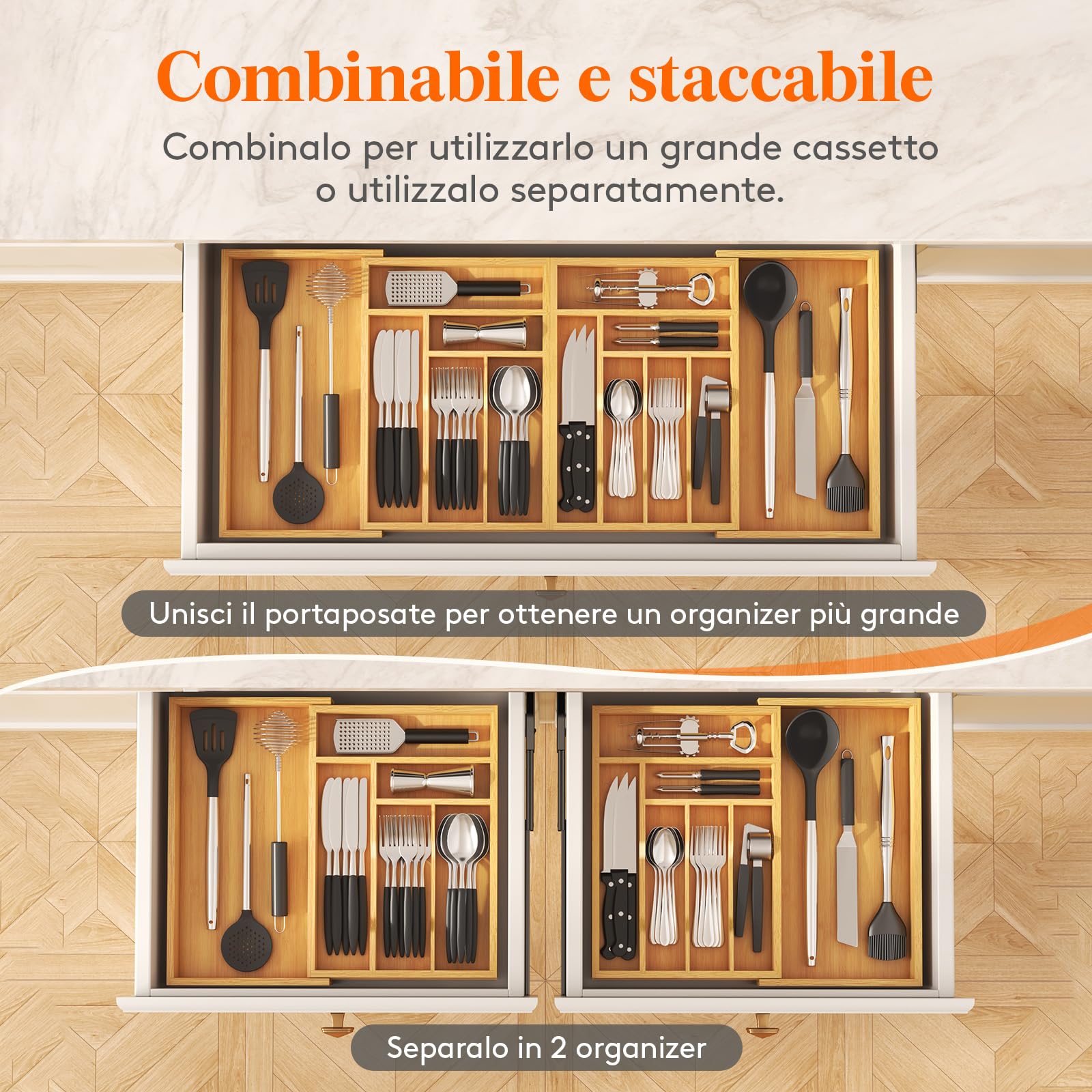 Lifewit Portaposate da Cassetto Grande, Espandibile da 53,3 a 91,4 cm di Larghezza, Porta Posate Cucina Cassetto, Organizer Cucina in Bambù per Posate, Cucchiai, Forchette, Coltelli, Naturale