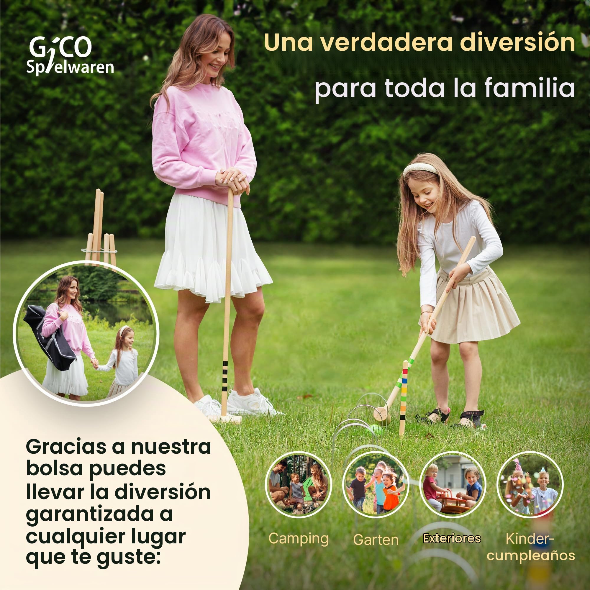 GICO Juego de Croquet (100 cm) Familia - Divertido Juego para el Aire Libre o el jardín para niños y Adultos, con componentes de Calidad Fabricados en Madera Maciza. 3246