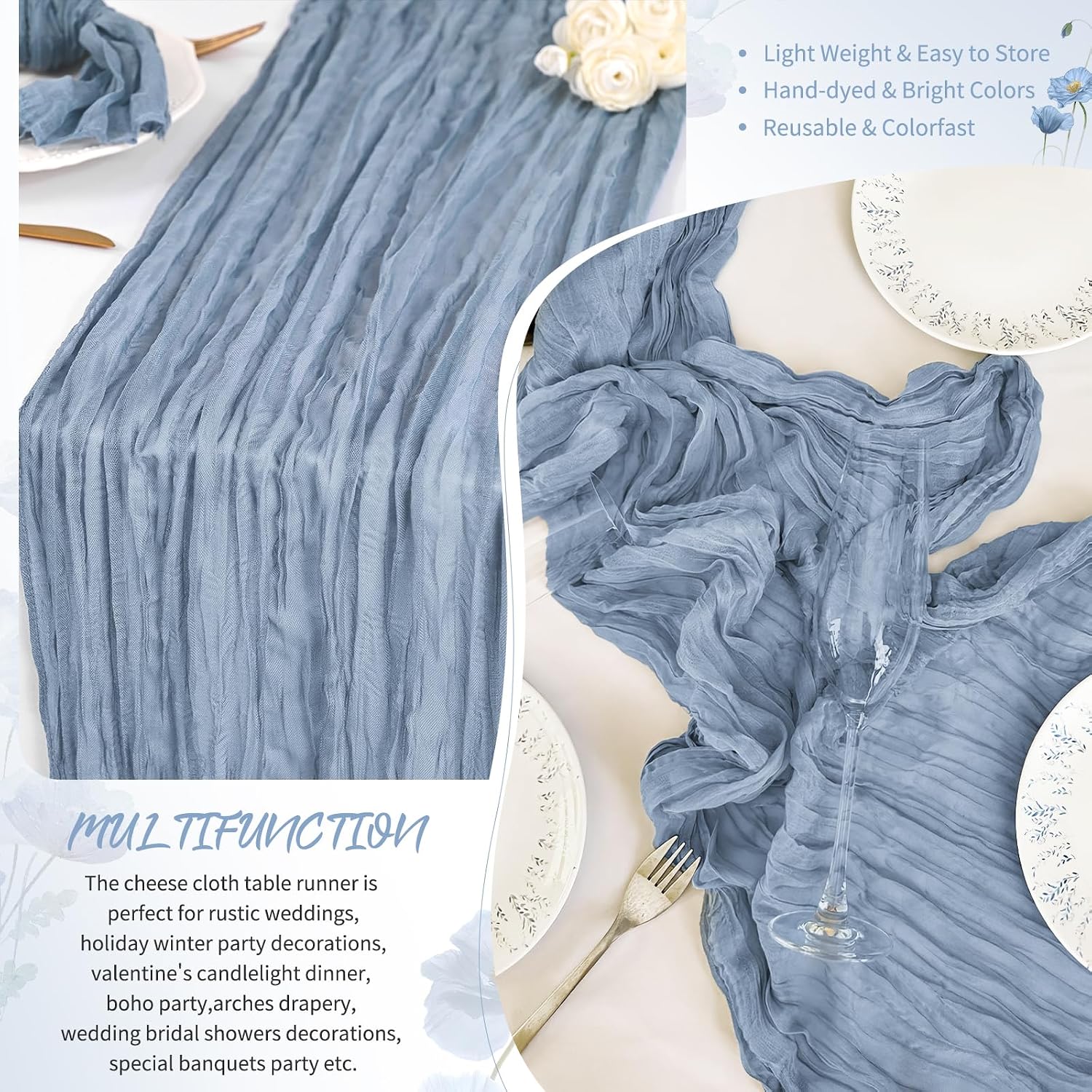 20 Pack Dusty Blue Table Runner Cheesecloth Table Runner 17 x 108 inch Boho Gauze Cheese Cloth Table Runners Rustic Sheer Table Decorations for Wedding Party Bridal Baby Shower Birthday Home