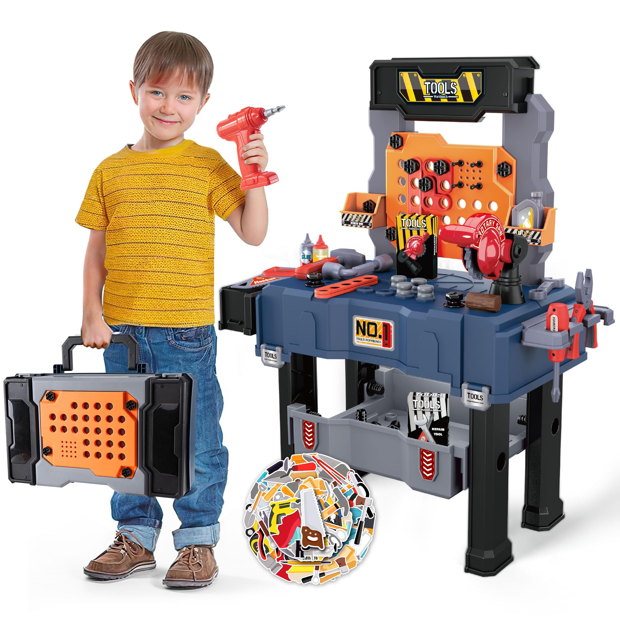 Kids' Tool Bench with 118 Realistic Pieces, Electric Drill & Stickers - Pretend Play Learning Gift for Boys & Girls Age 3-5