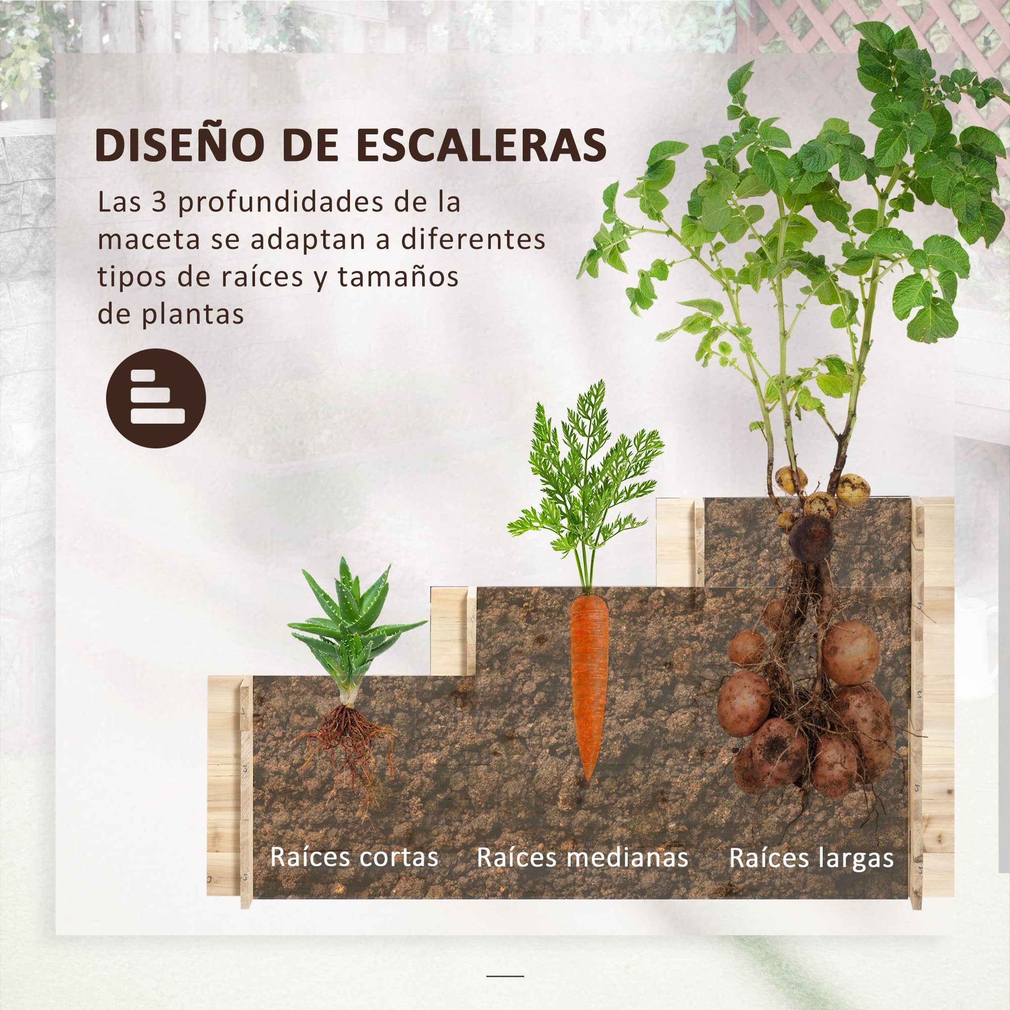 Outsunny Huerto Urbano 3 Niveles Tela Geotextil 117x100x54 cm Natural | Jardinera de Madera, para Cultivos Plantas Flores, para Jardín Terraza Exterior