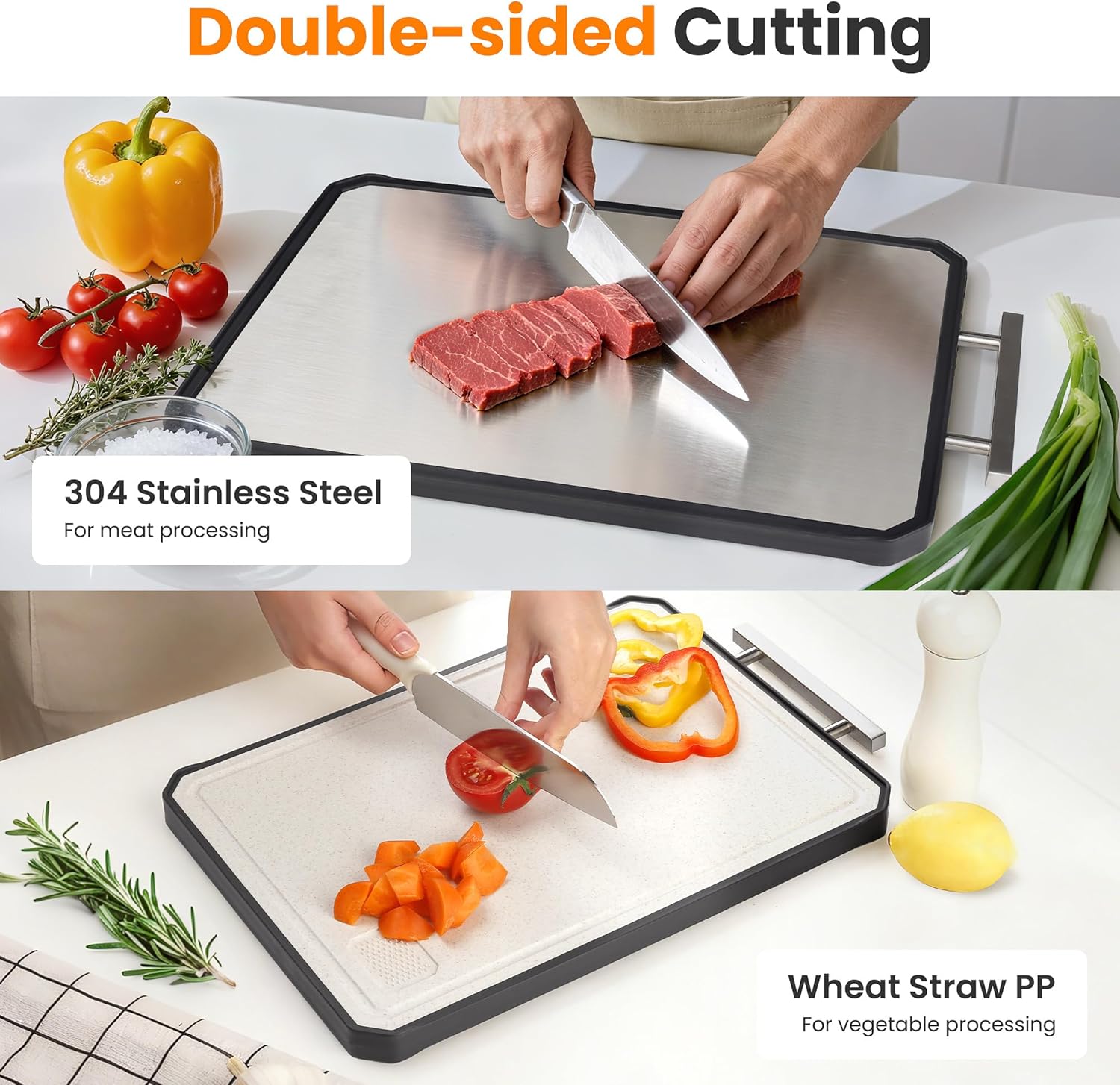 NCUE Cutting Boards for Kitchen, Double-Sided 304 Stainless Steel Cutting Board and Wheat Straw PP, for Meat and Vegetables, Thickened Non-Slip Non Toxic Chopping Board, Dishwasher Safe, 16.5"×11"