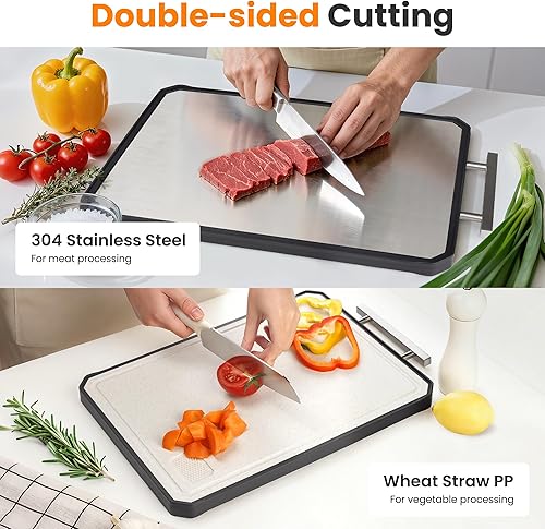 Miniatura 3 de NCUE Tablas de cortar para cocina, tabla de cortar de acero inoxidable 304 de doble cara y paja de trigo PP, para carne y verduras, tabla de cortar