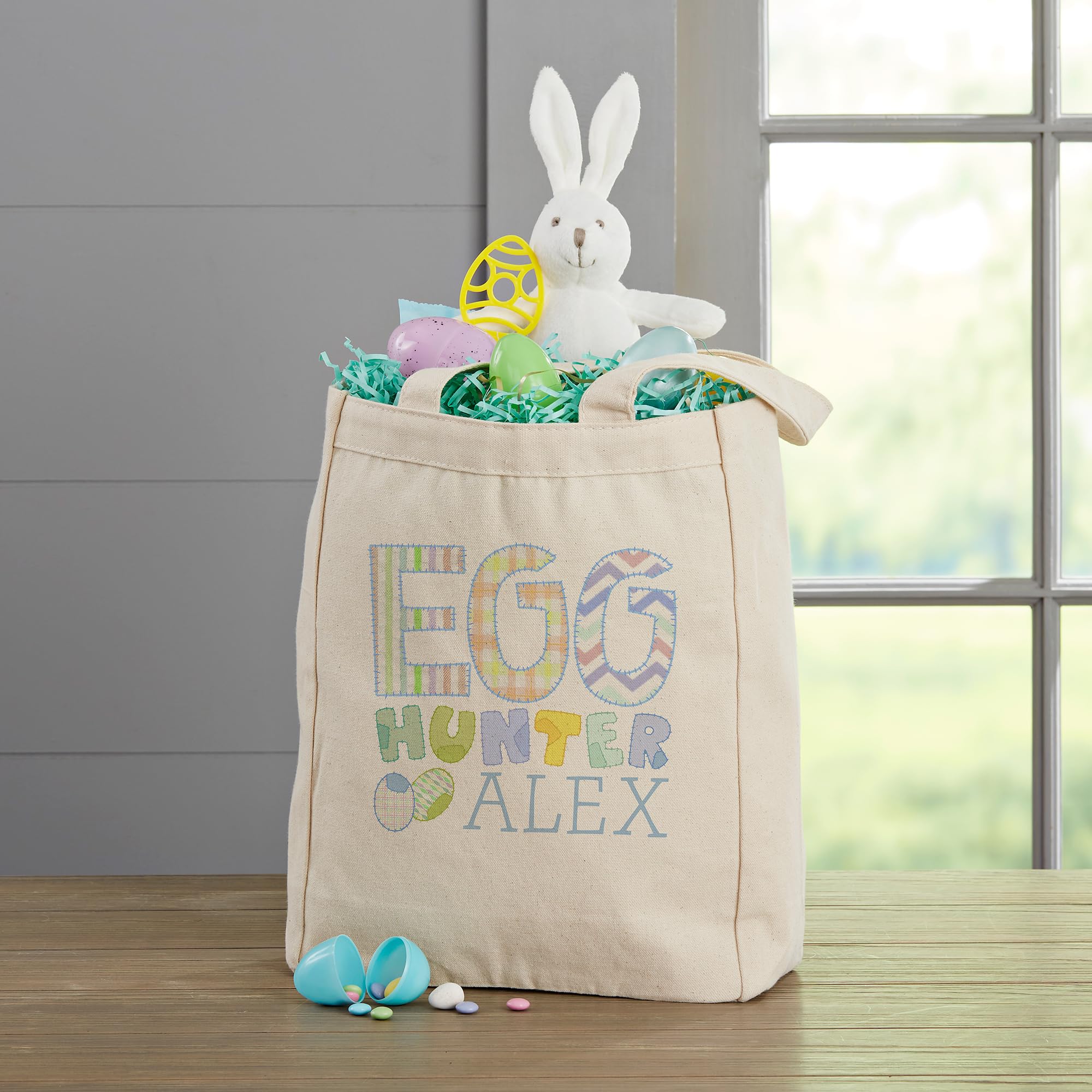 Personalization Universe Egg Hunter Easter Personalized Canvas Tote Bag with Handles, For Easter Eggs and Gifts, Available in Pink and Blue Design, Custom Easter Basket Alternative - Small 14