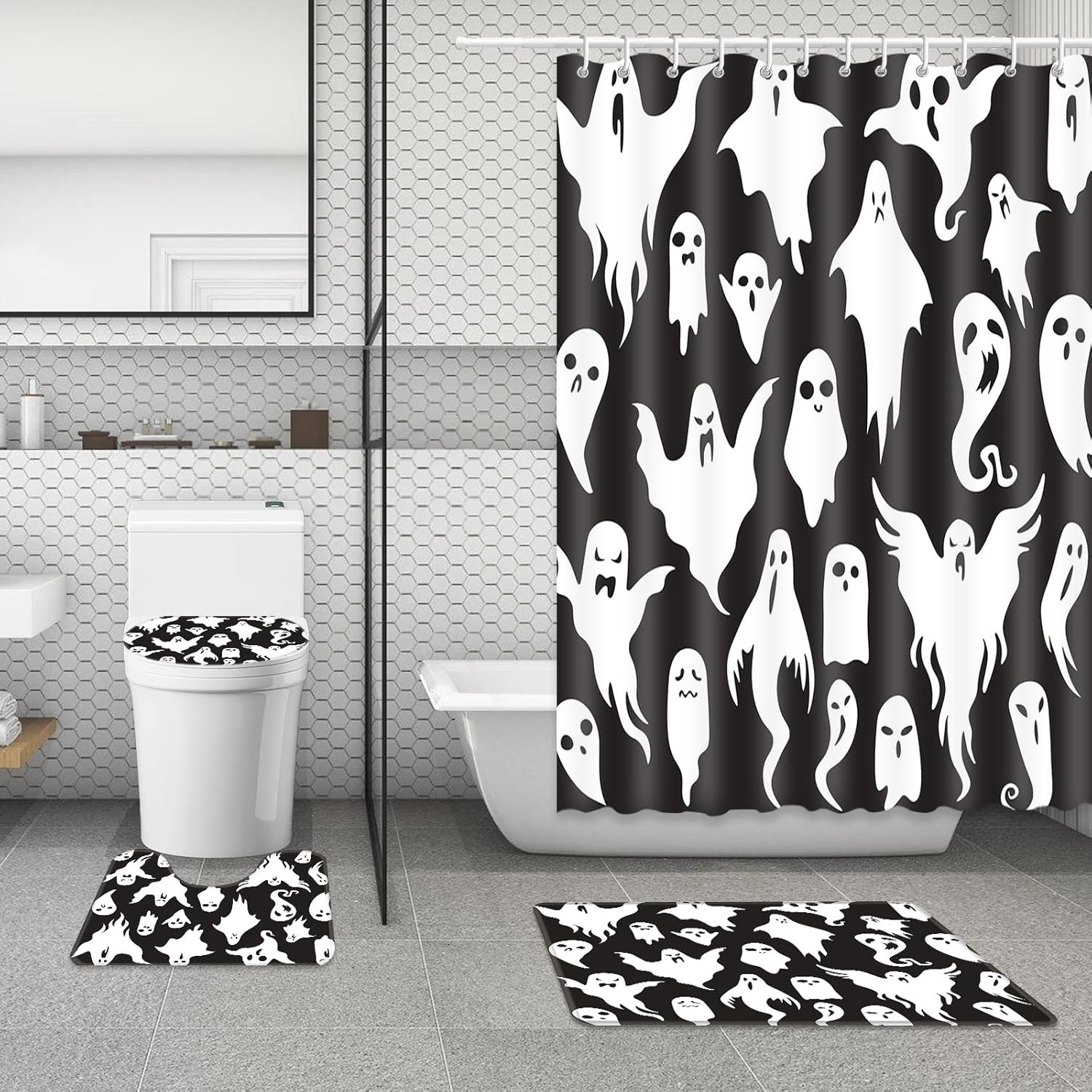 MEHOFOND 4pcs Halloween Ghost Shower Curtain Sets Halloween