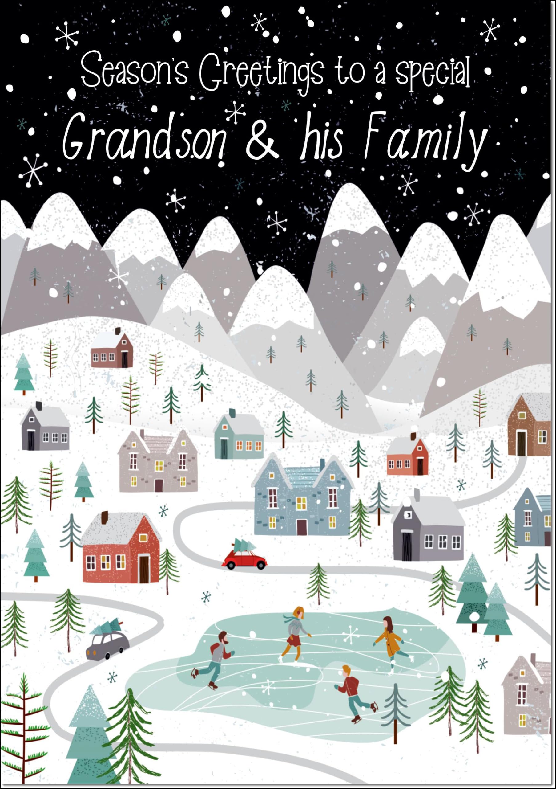 doodlecards Grandson and Family Christmas Card Mountain Scene In Snowy Village Large A4 Size Christmas Card for Grandson & Family with Plain Envelope