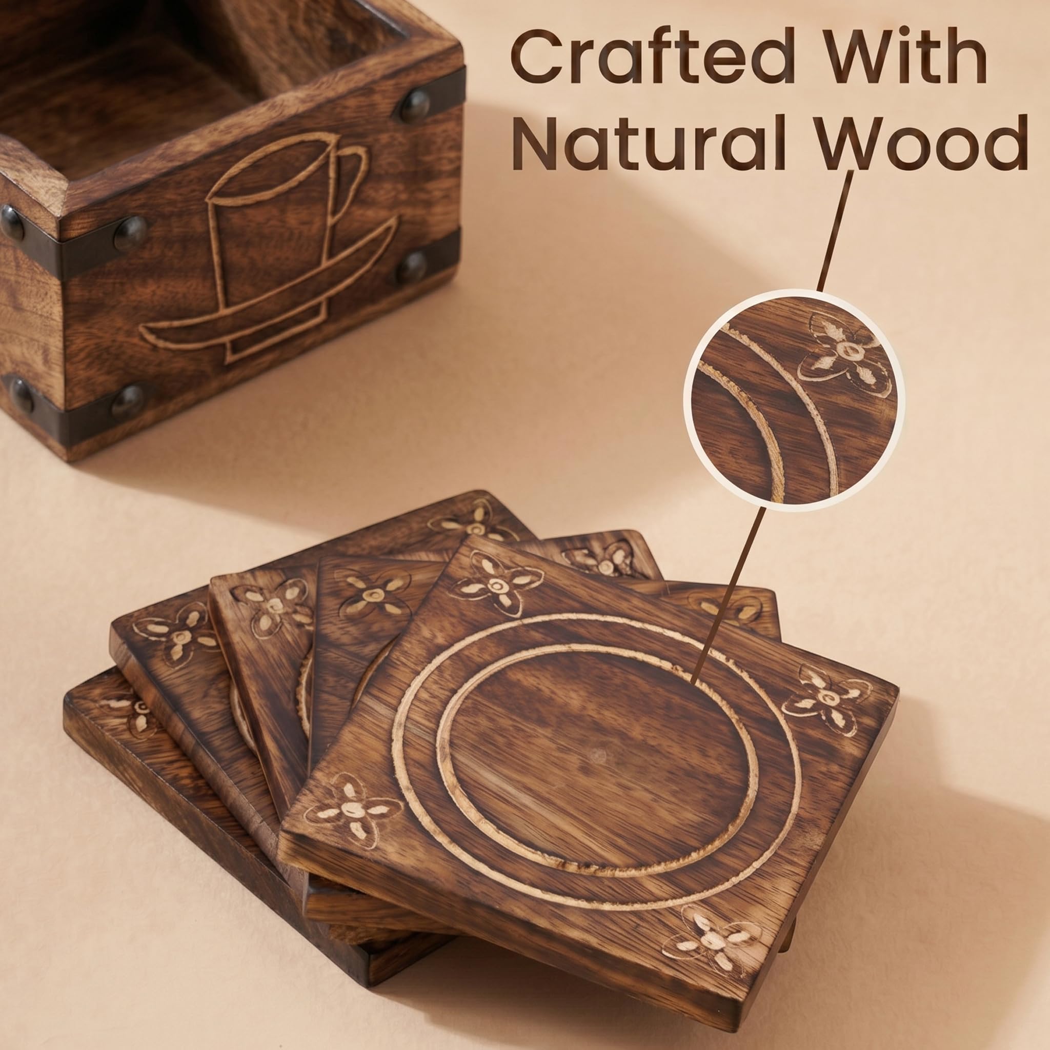 Wooden Drink Coasters with Holder Set - Rustic Charm -4 Wooden Drink Coasters with Holder Set - Rustic Charm -4
