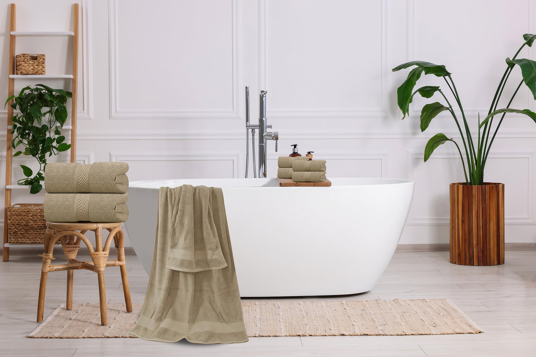 Oakias Juego de toallas de 8 piezas, color beige, 600 g/m², 2 toallas de baño, 2 toallas de mano y 4 paños de calidad, altamente absorbentes