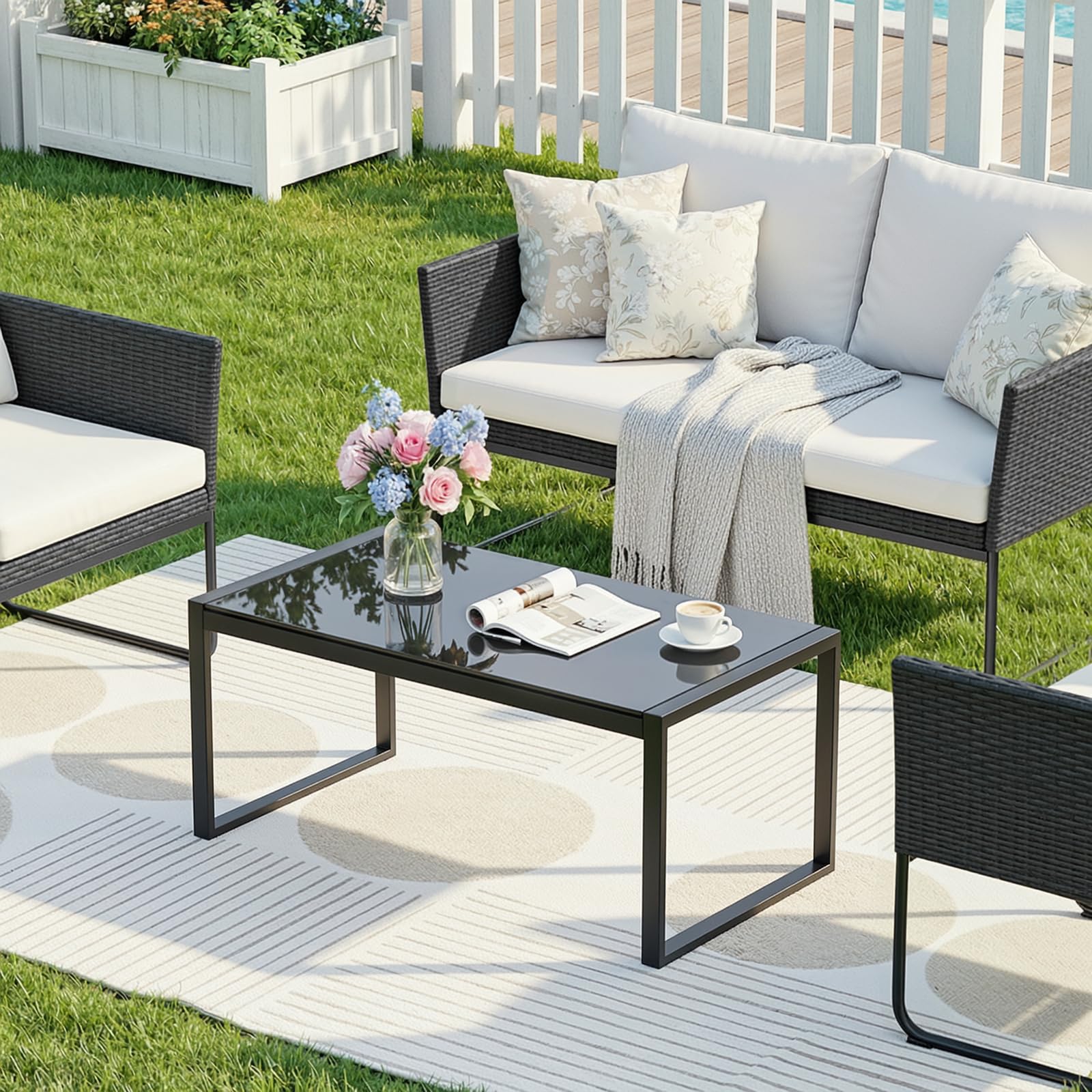 DriveMo Rectangle Coffee Table with Tempered Glass Desktop, Galvanized Frame Outdoor Coffee Table with Adjustable Feet for Patio, Balcony, Deck, Living Room, Black