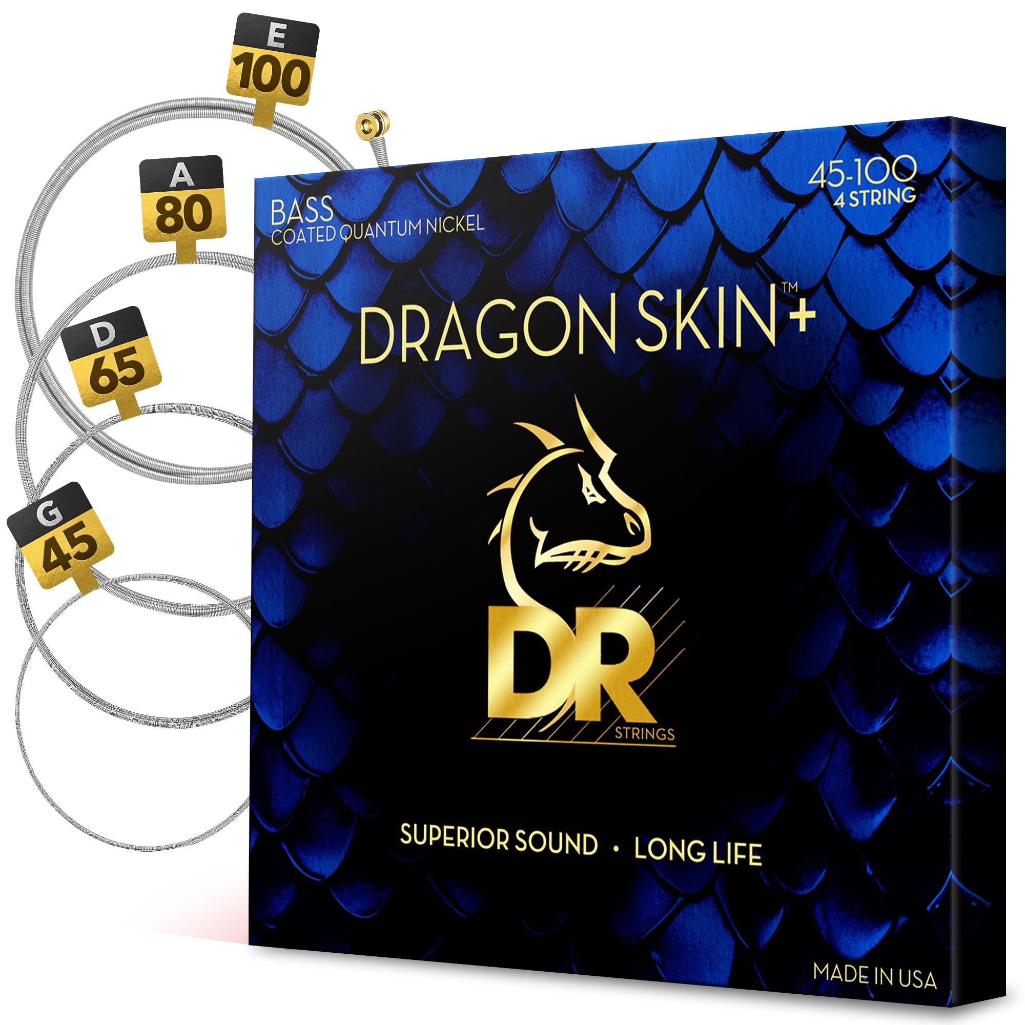 DR DBQ-45/100 - DRAGON SKIN+™, corde per basso Quantum Nickel rivestite, suono superiore con sensazione piacevole e lunga durata: medio leggero 45-100