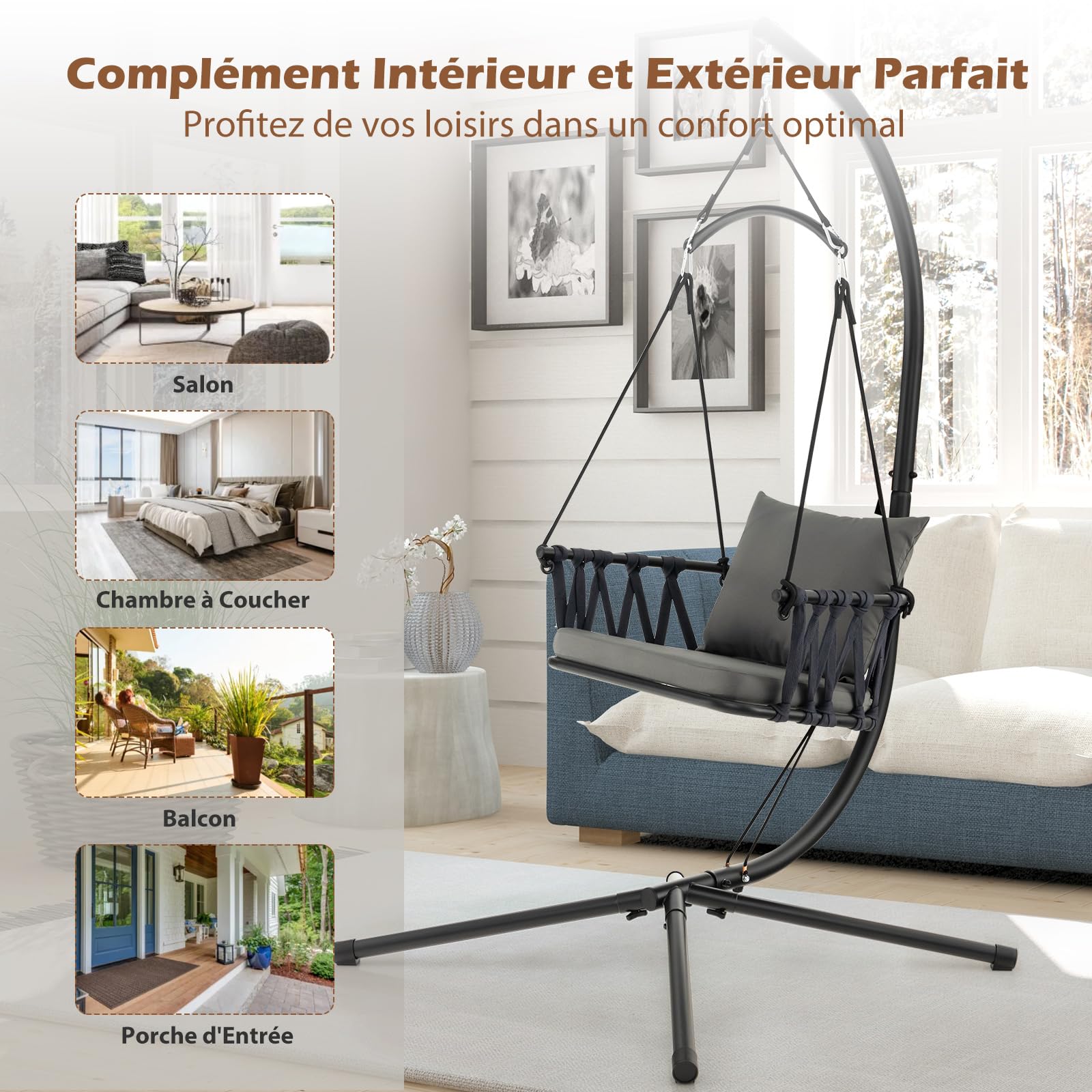 COSTWAY Fauteuil Suspendu Extérieur Intérieur, Support en Acier