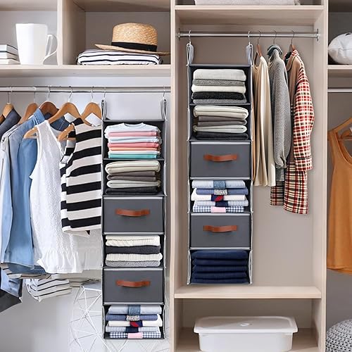 Miniatura 2 de Posprica Organizador de armario colgante intercambiable de 6 niveles con 2 cajones, almacenamiento de tela plegable de doble cara con ganchos de