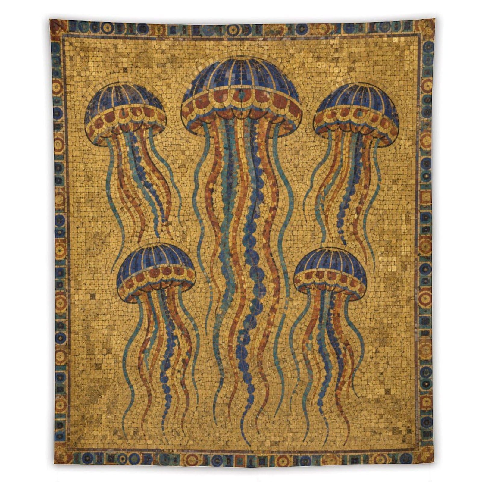 W7C8U2X3 Jellyfish Tile Pattern Wall Tapestry, Mosaic Style, Gold Blue