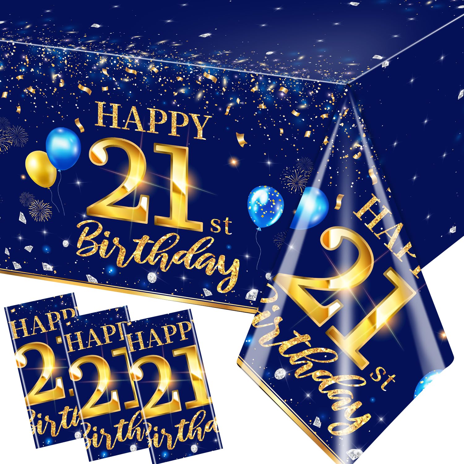 GREHUMOR 21st Birthday Decorations for Men - 3pcs Navy Blue and Gold Waterproof Plastic Table Covers Rectangle Tablecloth Party Supplies